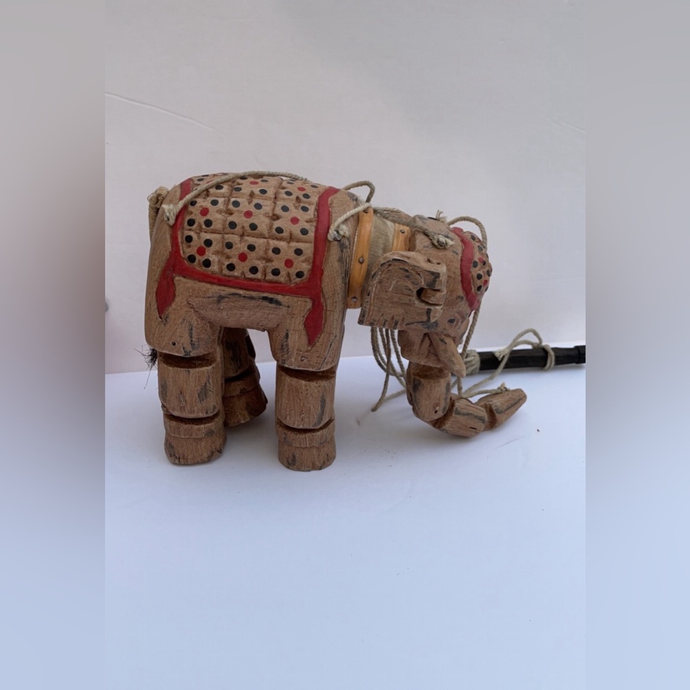 Vintage Handmade Wooden Elephant Marionette Jointed Puppet